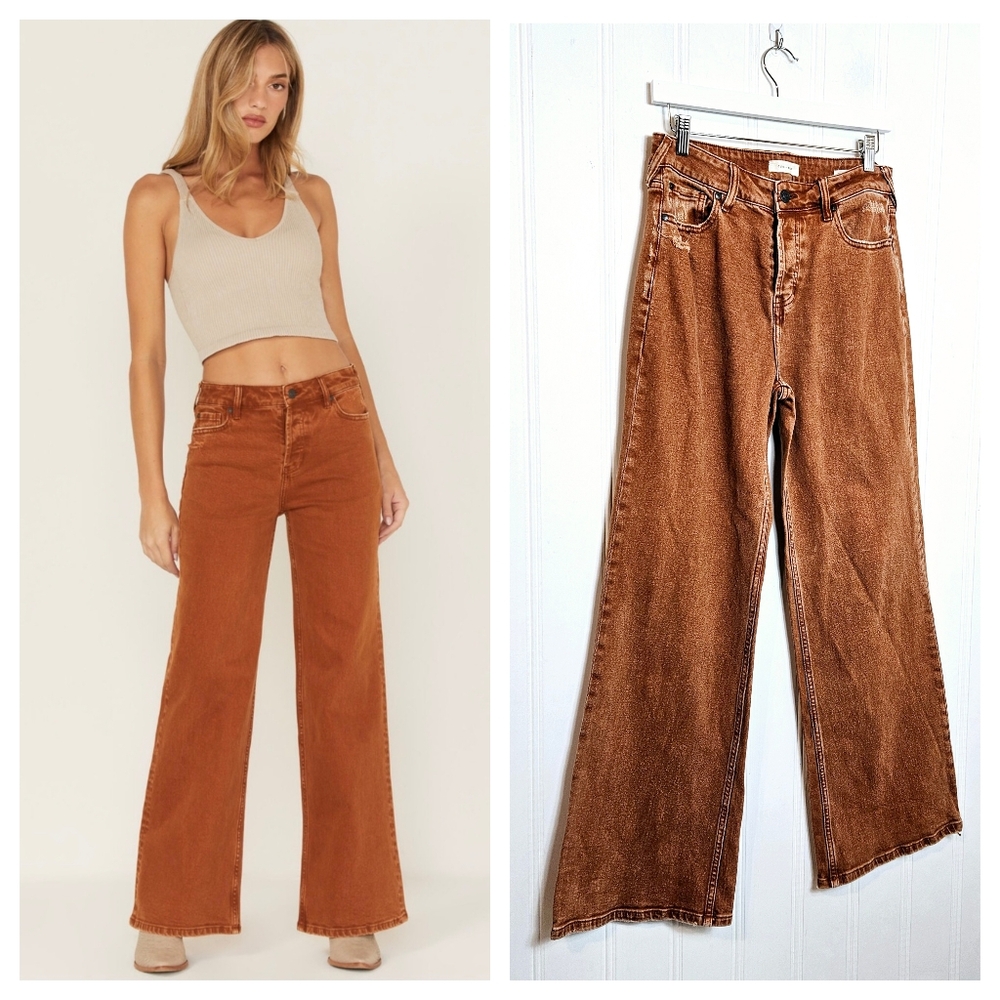 Cleo + Wolf Jeans 27x32 High Rise Distressed Loose Wide Leg Rust Brown Western